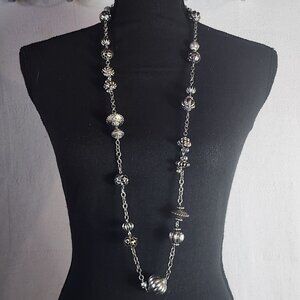 Chico's Vintage Silver Tone Assorted Filigree Bauble and Beads 41" Link Necklace